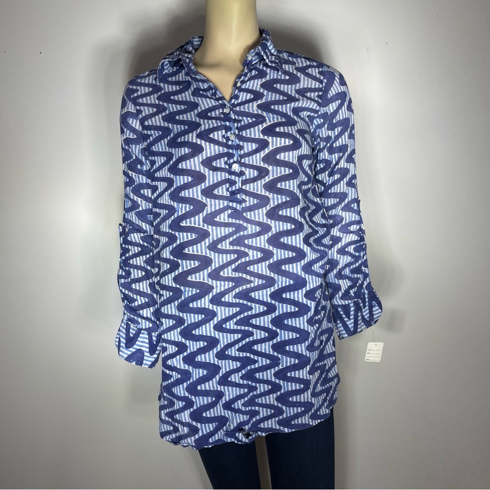 Oliphant‎ Blue Zigzag 100% cotton lightweight long sleeve top Women's size Small